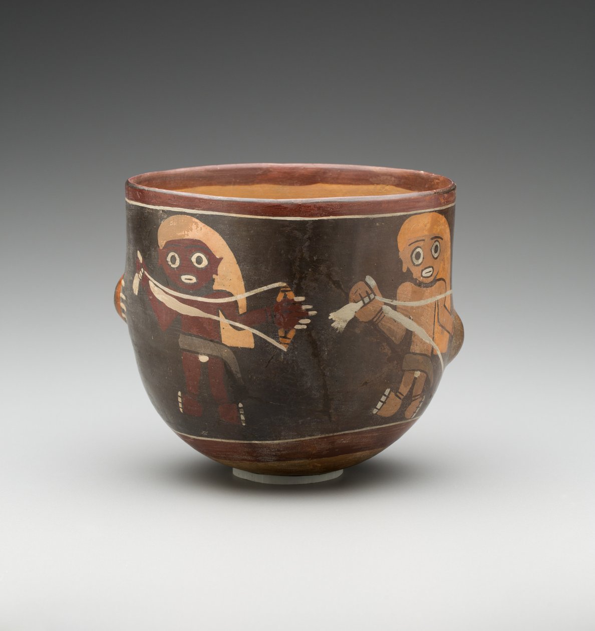 Skål dekoreret med mænd, der spinder, Nazca South Coast (malet terracotta) af School Peruvian