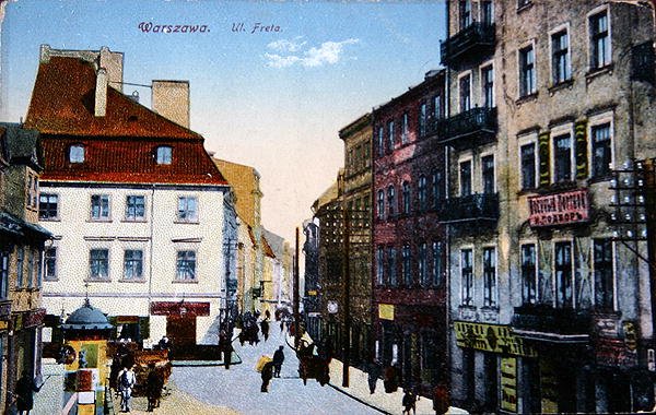 Postkort, der viser et gadebillede i Warszawas gamle centrum, ca. 1910 (farve litho) af School Polish