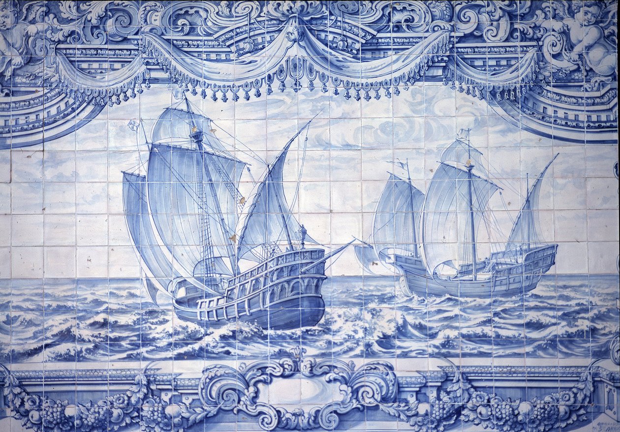 Karaveller i det 15.-17. århundrede, azulejos, omkring Lissabon, Portugal. af School Portuguese