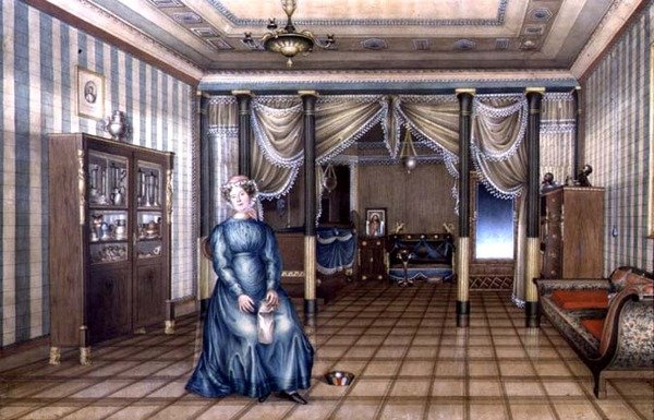 En spinster i et neo-klassisk stueinteriør, ca. 1835 (akvarel med forhøjning på papir) af School Russian