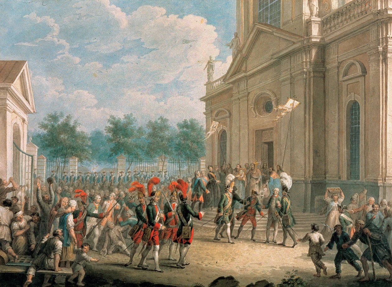 Catherine II (1729-1796) på trapperne til Kazan-katedralen (Sankt Petersborg), hilst velkommen af ​​gejstligheden på dagen for hendes overtagelse af tronen, 28. juni 1762. (Catherine II på The Staircase of The Kazan Cathedral, Greeted af Gejstligheden på D af School Russian