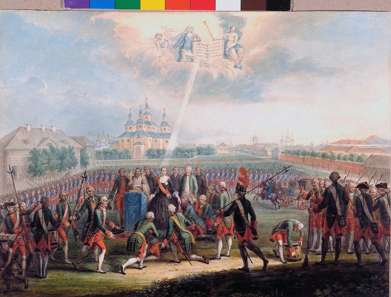 Catherine II mødt af Izmaylovsky livredderregiment på dagen for paladsrevolutionen den 28. juni af School Russian