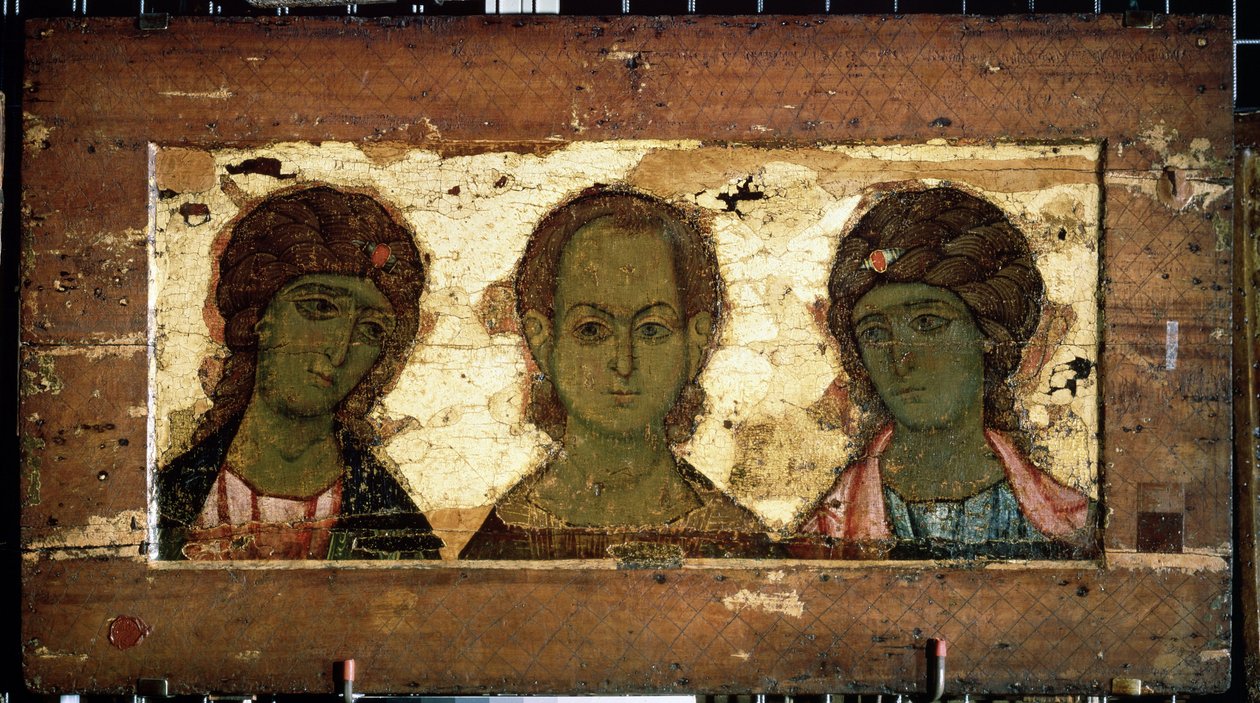 Kristus Emmanuel omgivet af ærkeenglene Michael og Gabriel (Kristus Emmanuel med ærkeenglene Michael og Gabriel). Russisk ikon, tempera på træ, slutningen af ​​det 12. århundrede. Kunst af Vladimir (Rusland). Statens Tretyakov-galleri, Moskva (Rusland). af School Russian