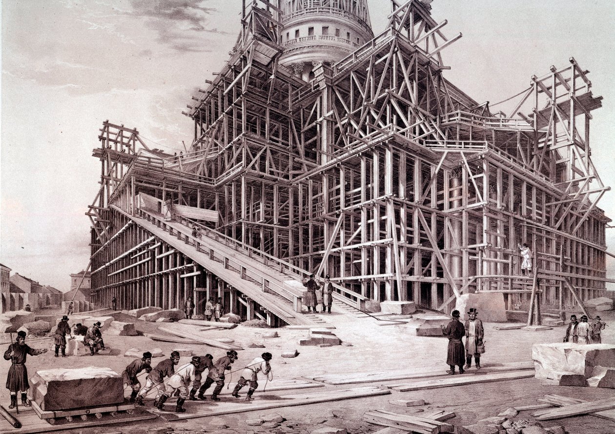 Opførelse af vinterpaladsets kirke (St. Petersborg). Maleri af russisk skole af School Russian