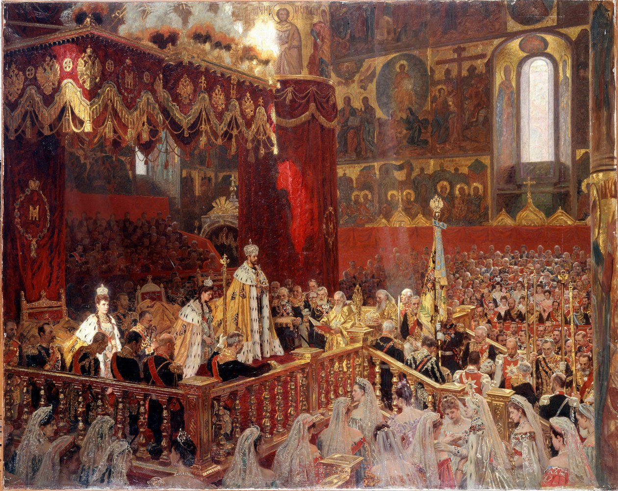 Kroning af Nicholas II i 1896 i Ousensky-katedralen i Moskva - Anonymt russisk maleri af School Russian