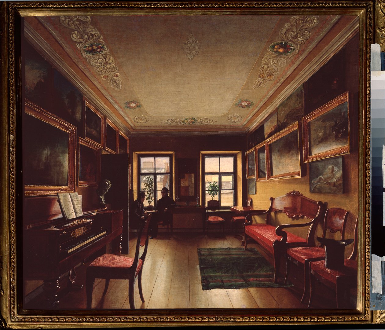 På værelset. (To mænd i samtale foran vinduet i et værelse med et klaver, dekoreret med malerier). Maleri af en russisk mester, olie på lærred, omkring 1830. Russisk kunst af School Russian