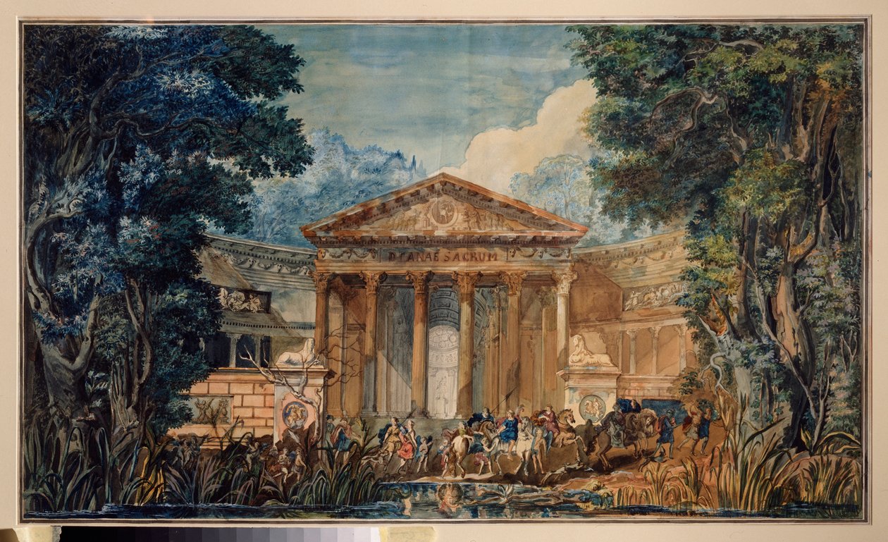 Forberedende indretning til operaen ""Fedra"" (Phedre) af Giovanni Paisiello (Paesieillo eller Paesieixo) (1740-1816). Værk af en russisk mester, akvarel og gouache på papir, omkring 1800. Russisk scenografisk kunst af School Russian