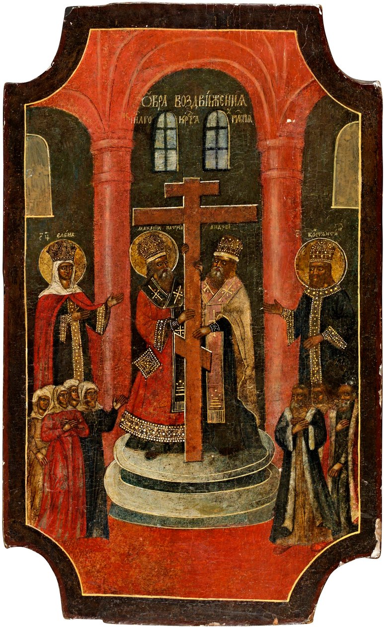 Exaltation de la Sainte Croix (Ophøjelse af det hellige kors) - russisk ikon, tempera på træ af School Russian
