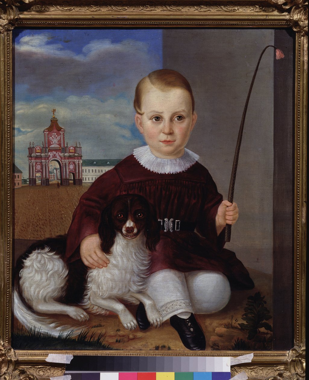 Dreng med en hund foran den røde dør (Moskva). Maleri af en russisk mester, olie på lærred 1840. Russisk kunst fra 1800-tallet. State V. Tropinin Museum, Moskva. af School Russian