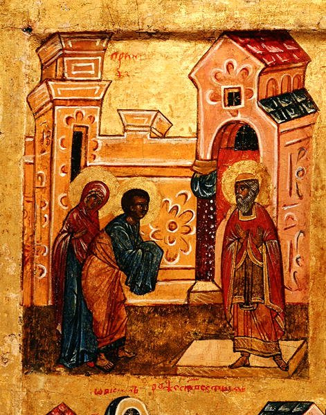 Ikon, der forestiller Joachim og Anna, der besøger templet i Jerusalem, ca. 1550 (tempera & bladguld på panel) (detalje af 314500) af School Russian