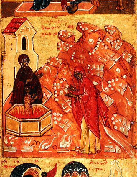 Ikon, der afbilder en scene under flyvningen til Egypten, ca. 1550 (tempera & bladguld på panel) (detalje af 314500) af School Russian
