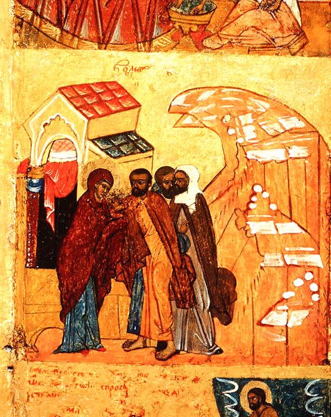 Ikon, der viser en scene fra Jomfruens liv, ca. 1550 (tempera & bladguld på panel) (detalje af 314500) af School Russian