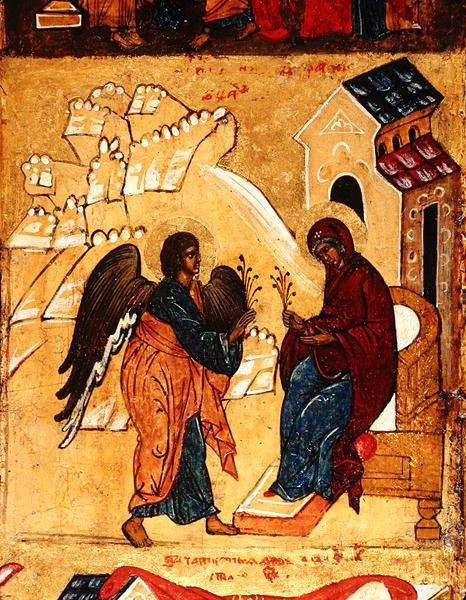 Ikon, der afbilder bebudelsen, ca. 1550 (tempera & bladguld på panel) (detalje af 314500) af School Russian