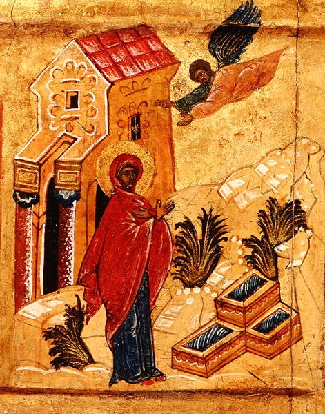 Ikon, der forestiller bebudelsen til St. Anne, ca. 1550 (tempera & bladguld på panel) (detalje af 314500) af School Russian