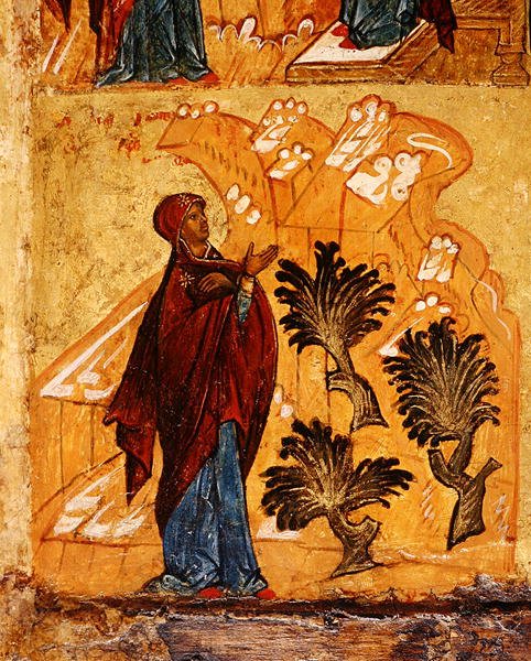 Ikon, der forestiller jomfruen, der beder i ørkenen, ca. 1550 (tempera & bladguld på panel) (detalje af 314500) af School Russian