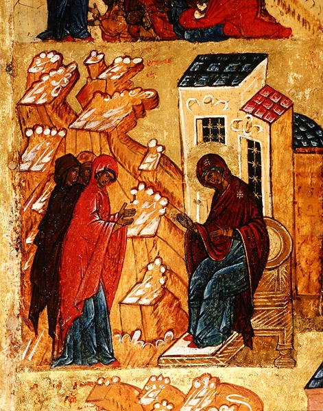 Ikon, der forestiller Jomfruen, der udvælger de mest ærede farver af tøj, ca. 1550 (tempera & bladguld på panel) (detalje af 314500) af School Russian