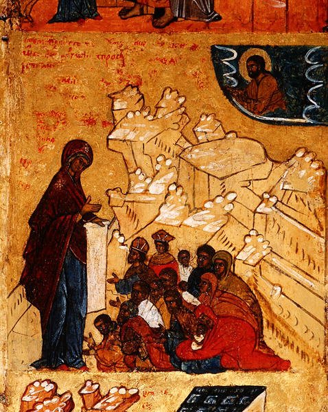 Ikon, der skildrer Jomfruens mirakuløse tilsynekomst til prins Andrei Bogolyubsky i 1155, ca. 1550 (tempera & bladguld på panel) (detalje af 314500) af School Russian