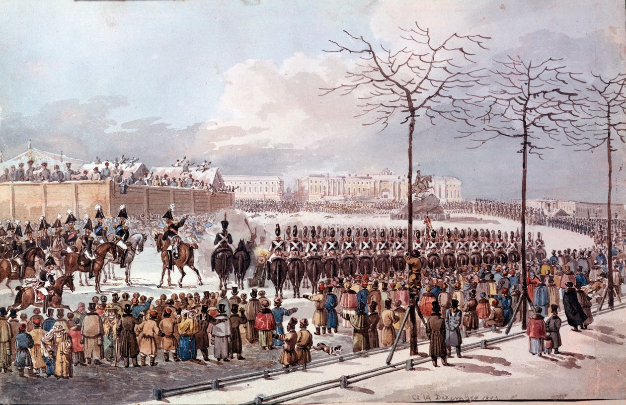 I 1825 oprør af Decembrists (Decabrists) i fremtiden for Nicholas I for at opnå en ny forfatning. Stik fra 1830. St. Petersborg. Eremitagebiblioteket af School Russian