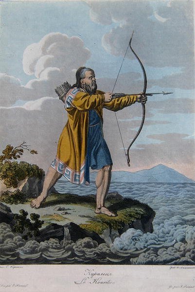 Indbygger på Kuriløerne, ca. 1800 (farvet indgravering) af School Russian