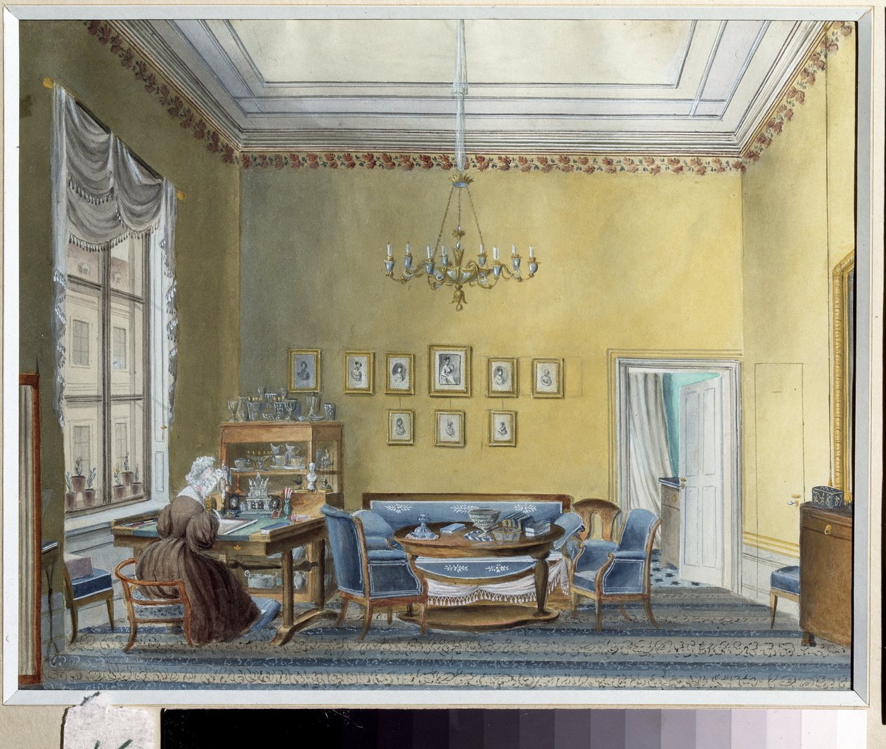 Interiør i E. Boratynskys (Evgueni Baratynski) hus (1800-1844) i Moskva (Interiør i E. Boratynskys hus i Moskva). Maleri af en russisk mester fra det 19. århundrede. Akvarel på papir, ca. 1830. Russisk kunst, klassicisme. Statens museum for E. Boratynsk af School Russian
