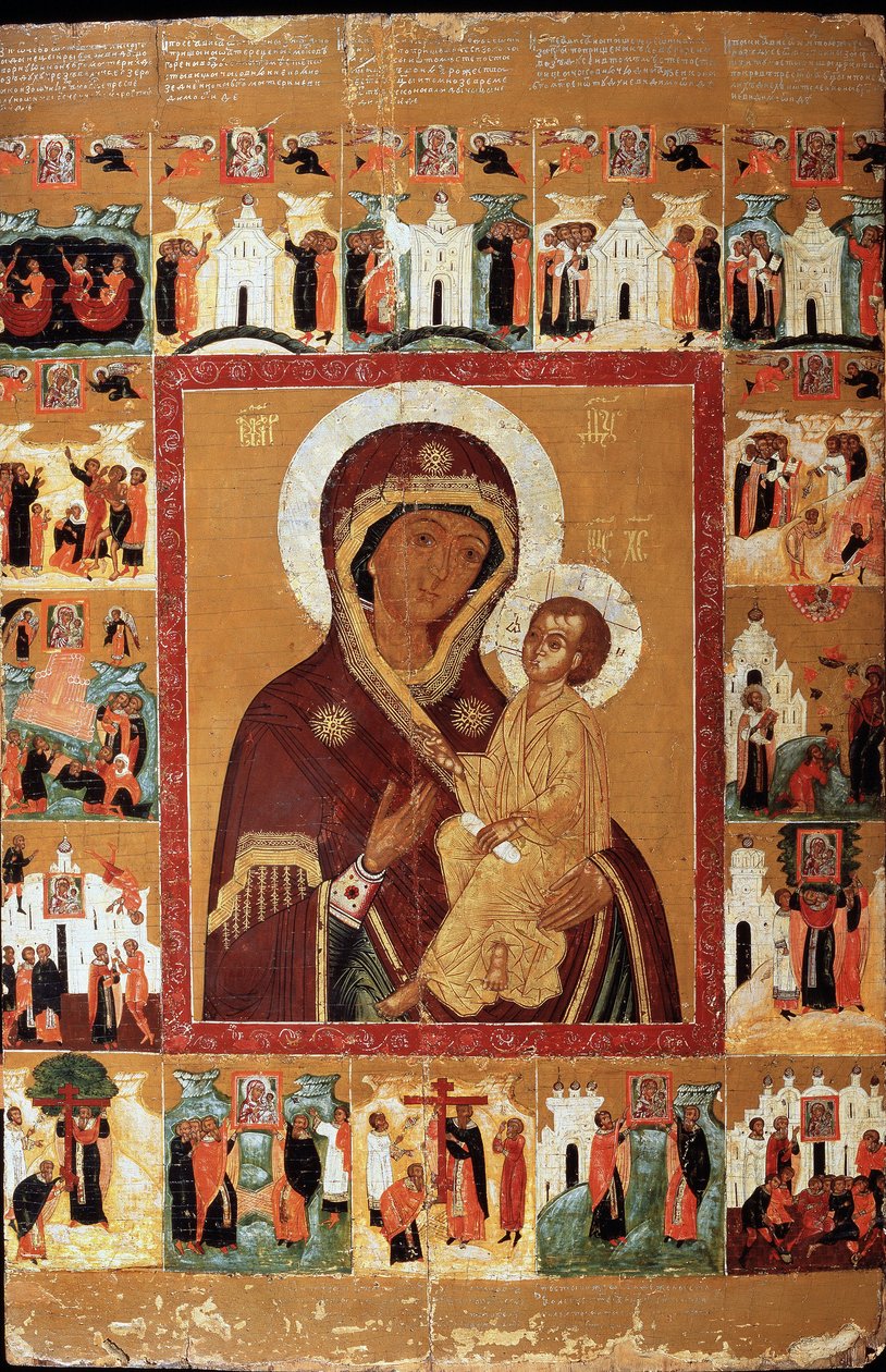 The Virgin of Tikhvin with the Wonders (The Tikhvin Virgin With The Wonders). Russisk ikon, begyndelsen af ​​det 17. århundrede. russisk kunst. Statskunstmuseet i Chuvash Republic, Cheboksary (Chuvashia). af School Russian