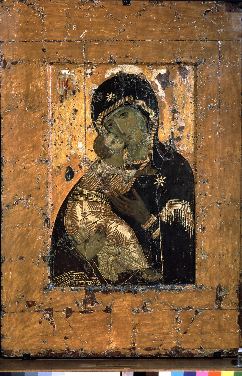 Jomfruen af ​​Vladimir (Jomfruen af ​​Vladimir). Traditionel repræsentation af ømhedens Jomfru og Jesusbarnet, der putter sig mod ansigtet på sin mor. Ruslands mest ærede ortodokse ikon, mange gange kopieret. Byzantinsk ikon, tempera af School Russian