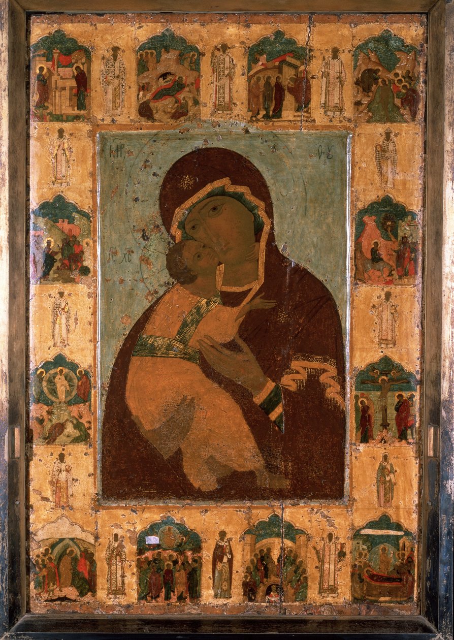 ""Jomfruen af ​​Vladimir"" (Vladimirskaia) russisk ikon. Maling på træ. 1514 Dormition-katedralen i Kreml, Moskva af School Russian