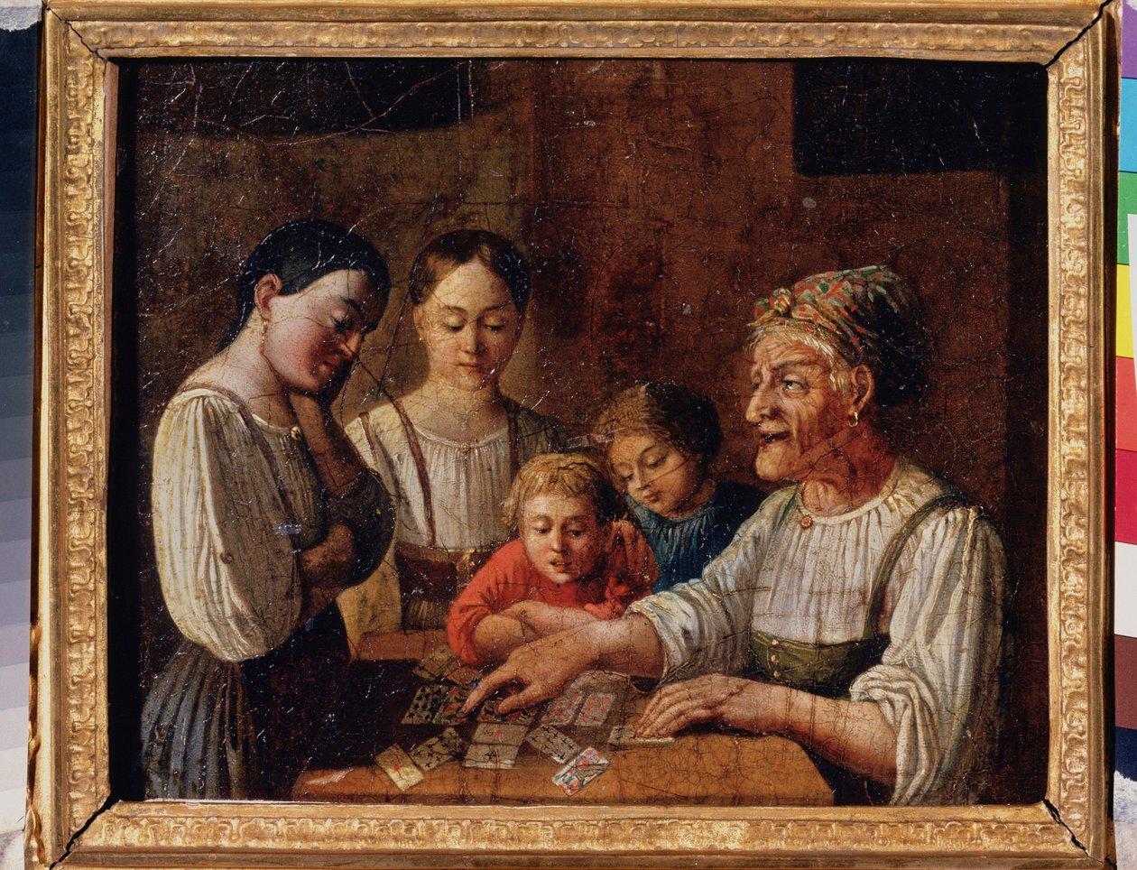 Spåkonen. (Gammel kvinde forudsiger fremtiden i kort). Maleri af en russisk mester, olie på pap, begyndelsen af ​​1800-tallet. Det russiske statsmuseum, Sankt Petersborg. af School Russian