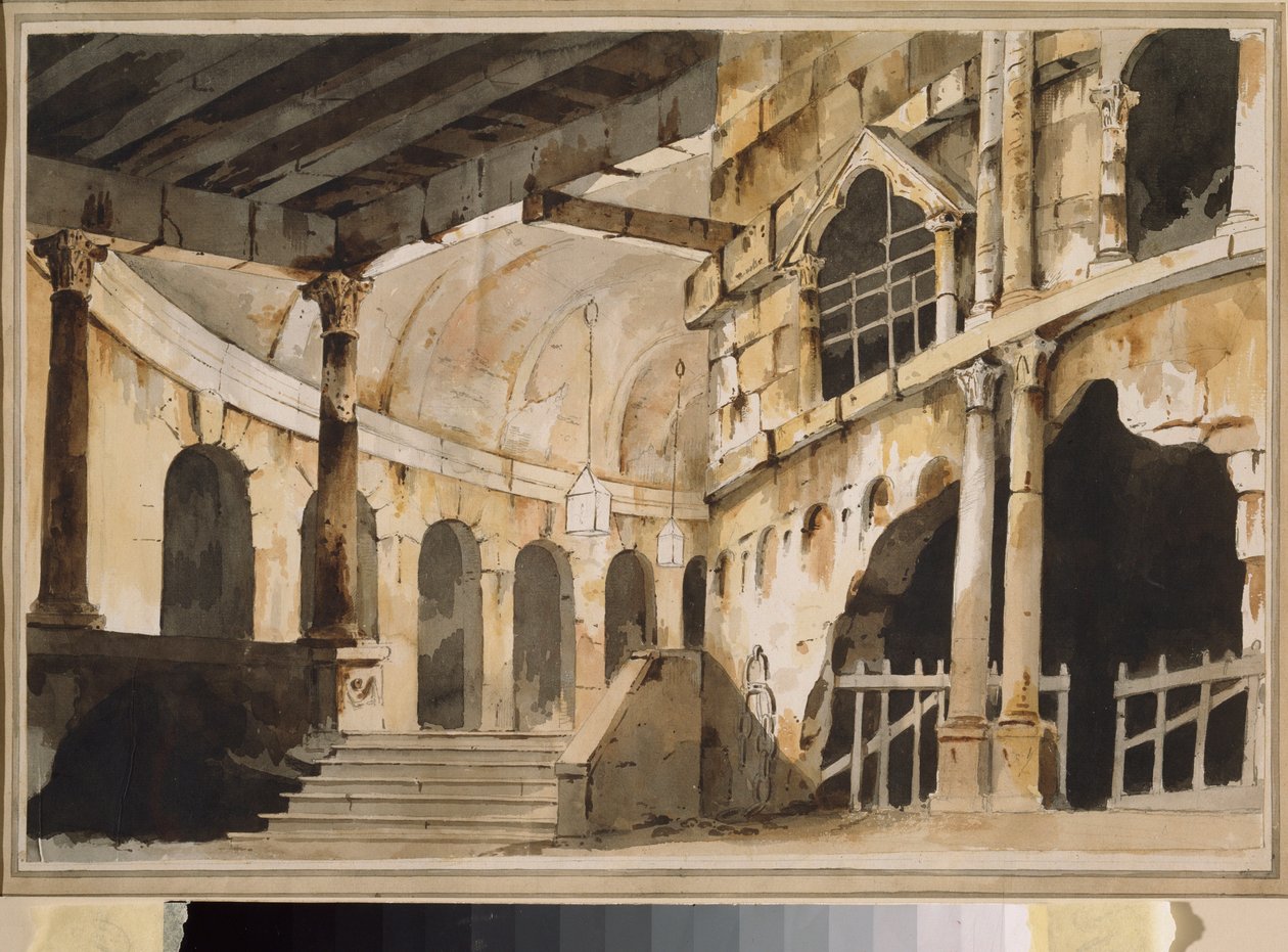 Fængslet. Forberedende indretning til et skuespil. Værk af en russisk mester, ca. 1790, akvarel på papir. Russisk scenografisk kunst fra det 18. århundrede. Museum Palace Ostankino, Moskva. af School Russian