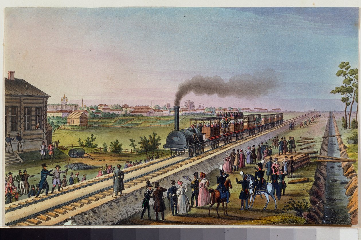 Ankomsten af ​​det første tog fra Sankt Petersborg til Tsarskoye Selo, 30. oktober 1837. Værk af en russisk mester, akvarel på papir af School Russian