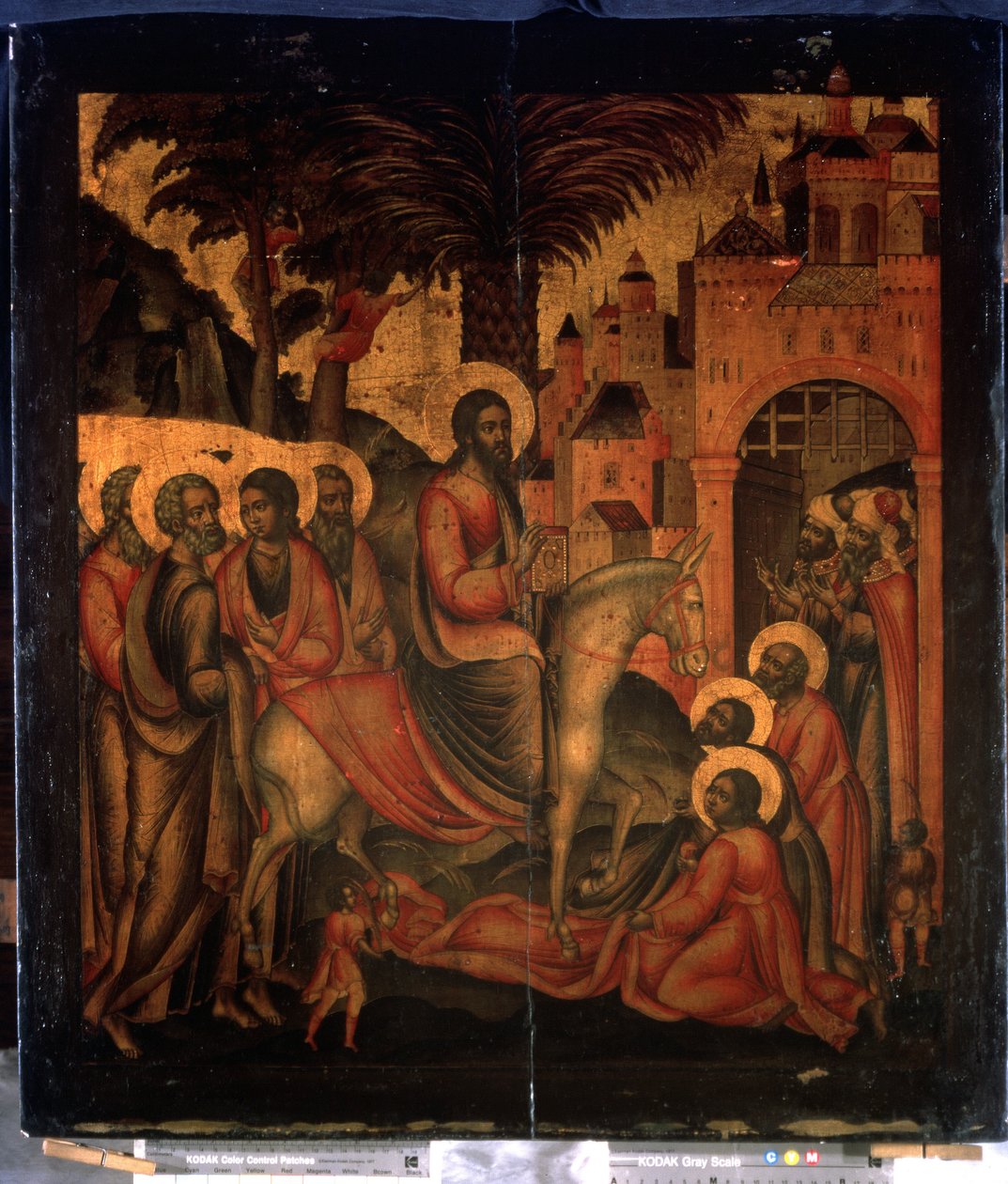 ""Kristi indtog i Jerusalem"" Russisk ikon. Maleri på træ fra det 17. århundrede State United Museum Center i Kreml, Moskva af School Russian
