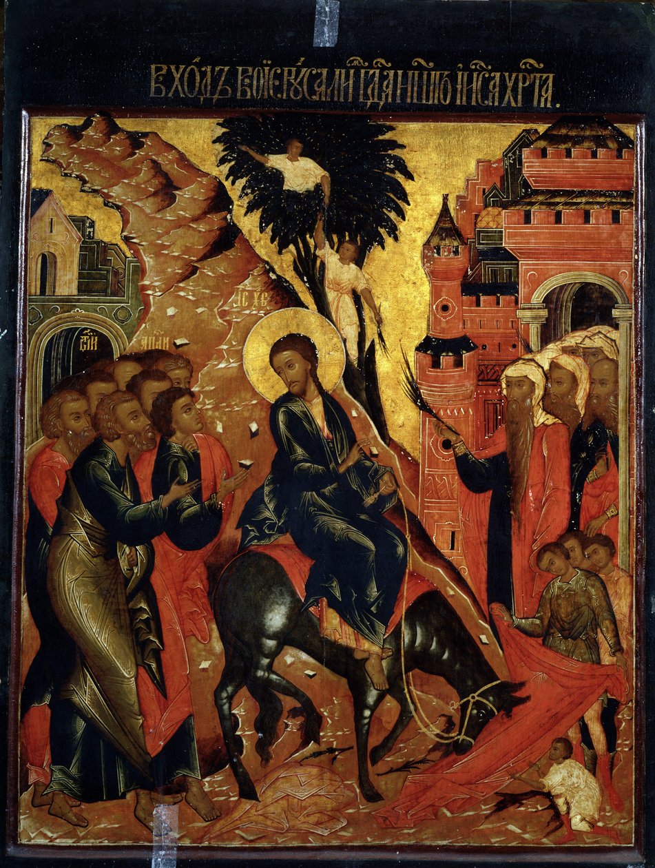 ""Kristi indtog i Jerusalem"" Russisk ikon. Maling på træ. 17. århundrede. Statens Kunstmuseum, Yaroslavl af School Russian