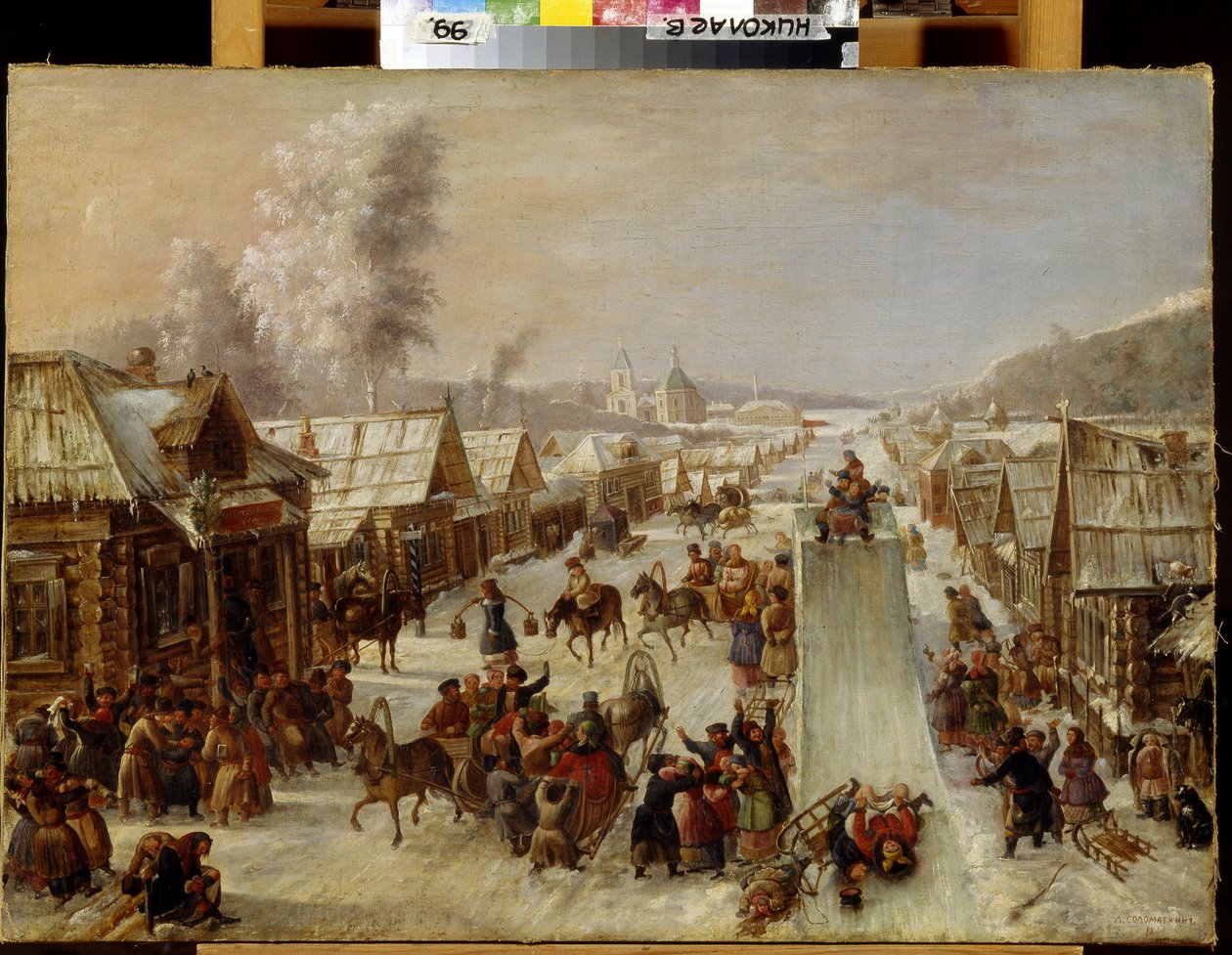 Fastelavn (fastelavn). Scene med traditionelle festligheder og folkelige glæder i en snedækket gade i en lille by med træhuse. Der er anlagt en kælkebakke og indbyggerne drikker og hilser glade på hinanden. anonymt maleri, af School Russian