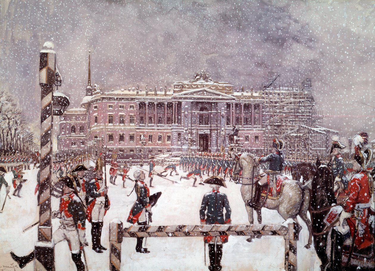 Militærparade foran Mikhailovsk-paladset i nærværelse af Paul I (1754-1801), russisk kejser. russisk skole af School Russian
