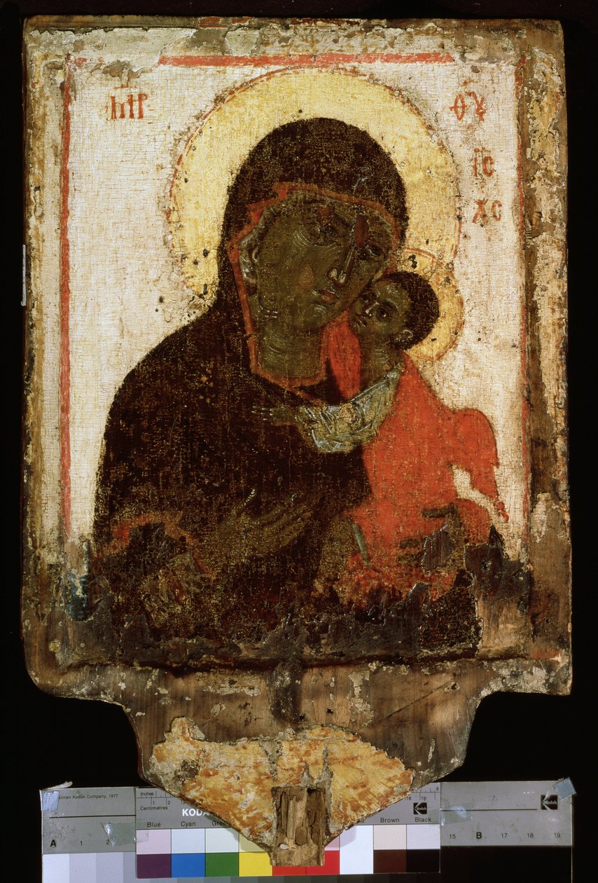 ""Vor Frue (Vor Frue) af Ømhed"" eller ""Virgin Eleusa (Eleousa)"" russisk ikon. Maleri på træ fra slutningen af ​​14. begyndelsen af ​​1400-tallet. Statens russiske museum i Sankt Petersborg af School Russian