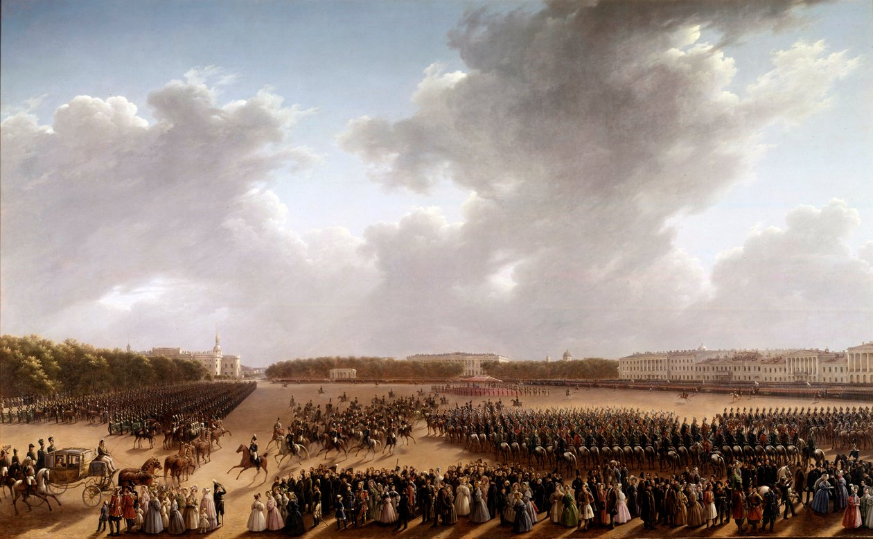 Parade på Champs de Mars, i forgrunden Alexander Pushkin (Pushkin) (1799-1837) og Nicolas I (1796-1855) på en hest, der går foran imperatricen i en vogn i Paris Maleri af den russiske skole. 1825-1830. Sankt Petersborg, Museum of af School Russian