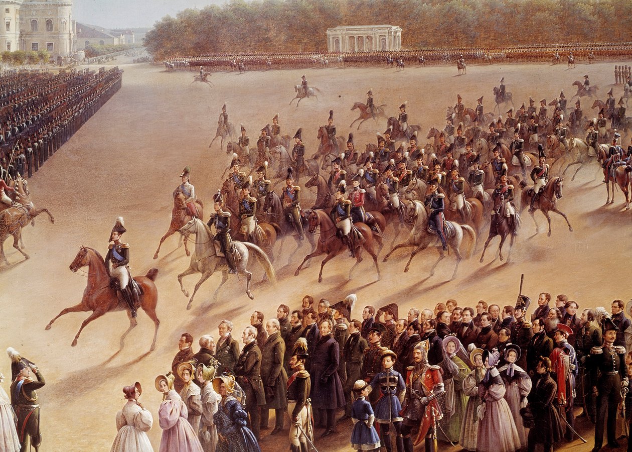 Parade på Champs de Mars, i forgrunden Alexandre Pushkin (Pushkin) (1799-1837) og Nicolas I (1796-1855) på en hest, der går foran imperatrice i en vogn i Paris Detail. Maleri af den russiske skole. 1825-1830. Sankt Petersborg, M af School Russian