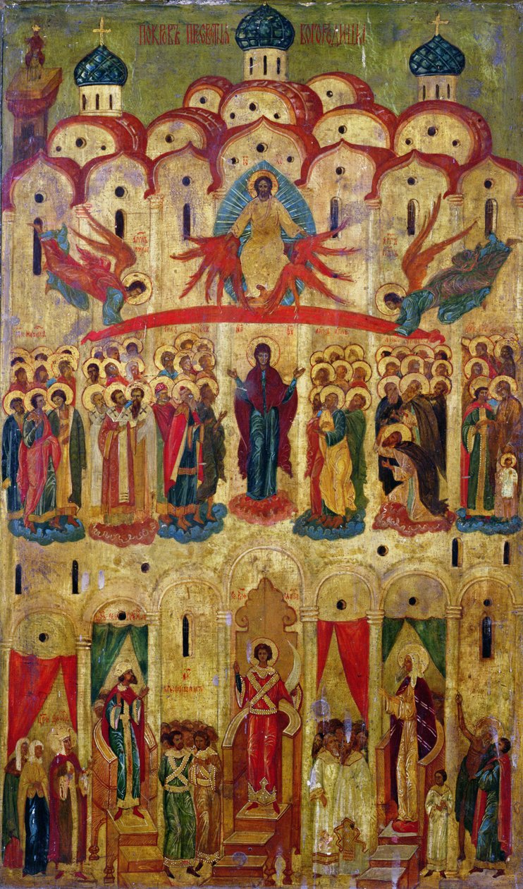 Pokrov-ikon (tempera på panel) af School Russian