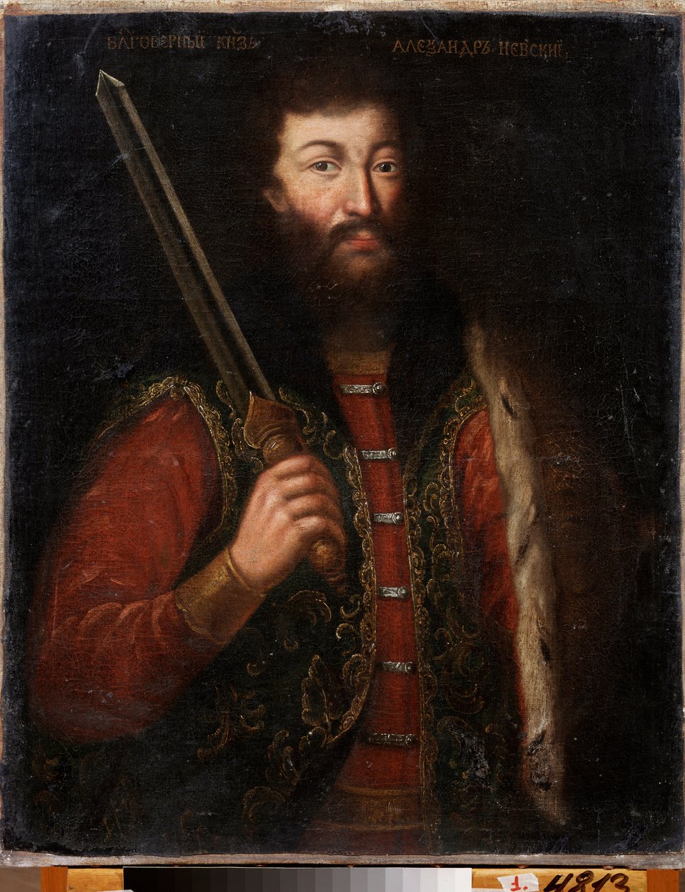Portræt af Alexander Nevsky, Prins af Novgorod, storhertug af Vladimir (1220-1263). Maleri af en russisk mester, olie på lærred, efter 1724. Russisk kunst fra 1700-tallet. Regionalt kunstgalleri, Chelyabinsk (Rusland). af School Russian