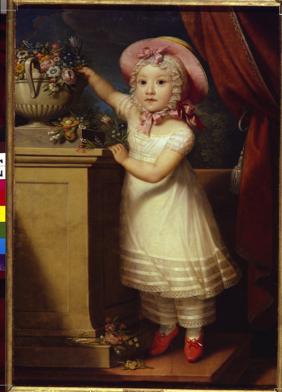 Portræt af Ekaterina Dmitrievna Obreskova (1822-1874). (Portræt af Ekaterina Dmitrievna Obreskova). En lille pige, elegant og dyrebar, står på tæerne for at hente nogle blomster fra en buket. Anonymt maleri, olie på lærred, v af School Russian