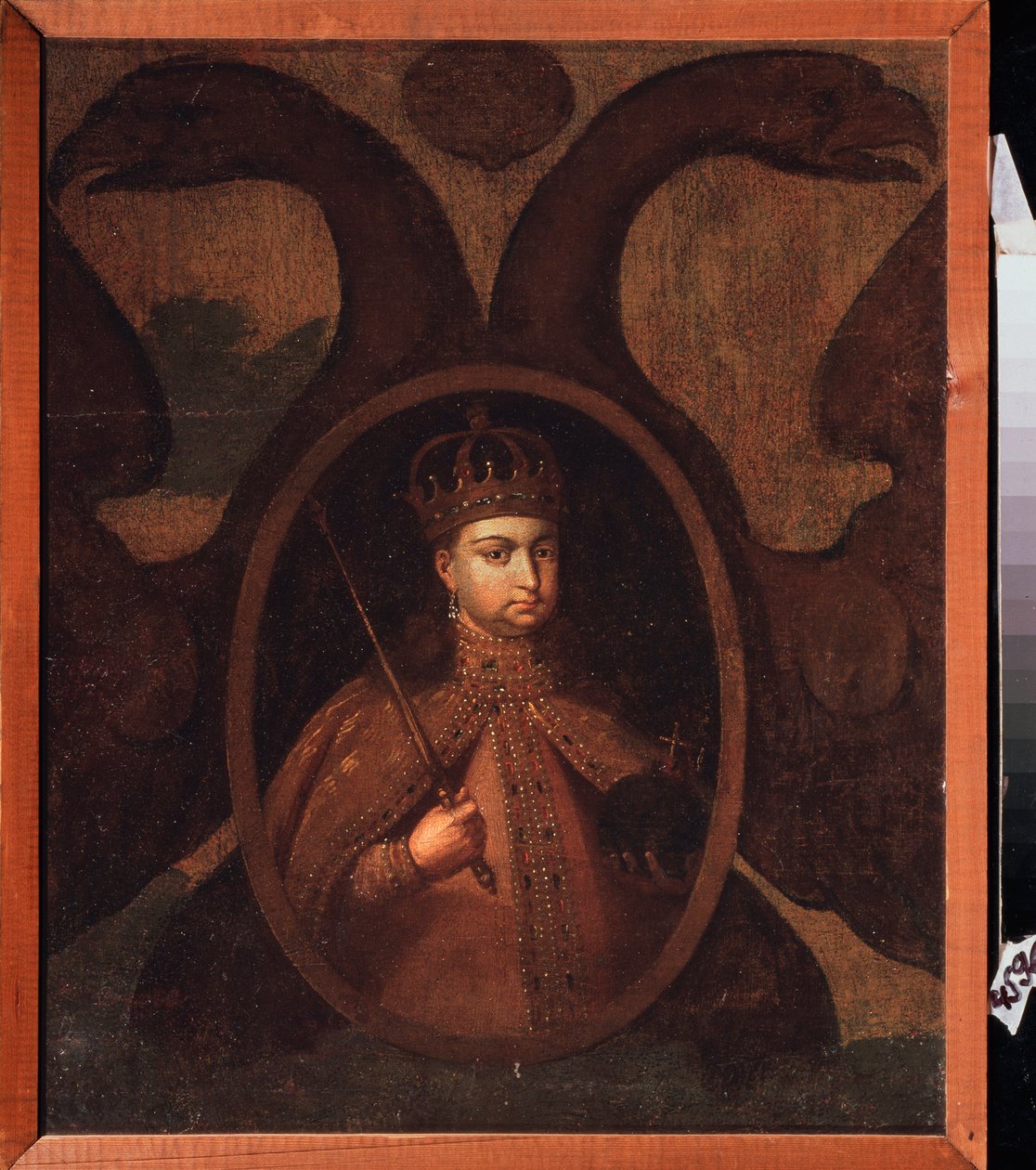 Portræt af regenten Sophie Alexeievna Romanova (1657-1704). Maleri af en russisk mester, olie på lærred, ca. 1680. Gammel traditionel russisk kunst af School Russian