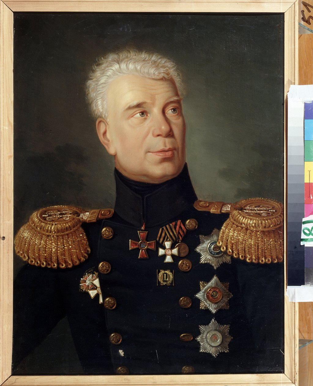 Portræt af opdagelsesrejsende admiral Ivan (Adam) Krusenstern (1770-1846) (Portræt af opdagelsesrejsende admiral I.Krusenstern). olie på lærred, omkring 1850, russisk kunst fra det 19. århundrede. State Central Navy Museum, Sankt Petersborg. af School Russian