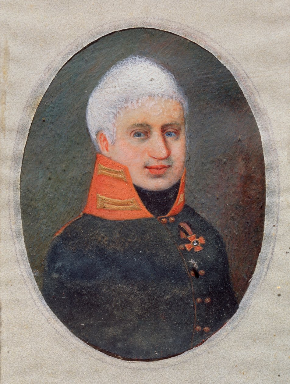 Portræt af digteren Anton A. Delvig (Delwig) (1798-1831). (i militæruniform). Værk af en russisk mester, akvarel og gouache på horn, omkring 1800. Russisk kunst fra 1800-tallet. Statens kunstmuseum, Tula (Rusland). af School Russian