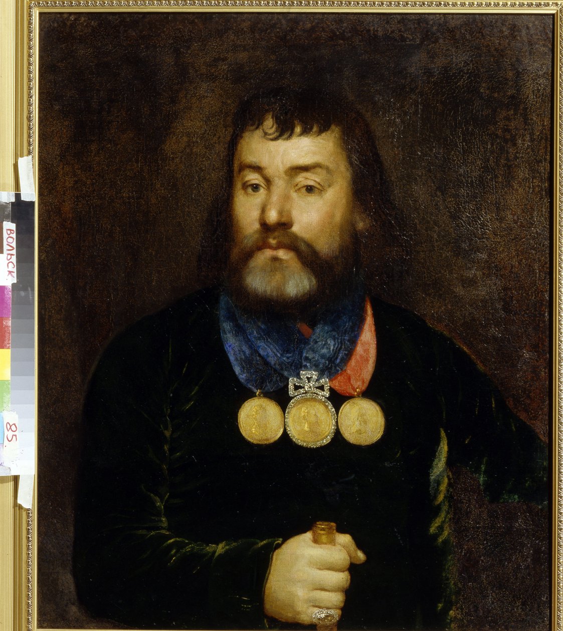 Portræt af digteren Constantin Zlobin (1777-1813). Stolt iført tre guld- og diamantmedaljer om halsen. Anonymt maleri, olie på lærred, begyndelsen af ​​1800-tallet. russisk kunst af School Russian