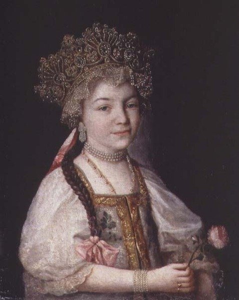 Portræt af Alexandra Pavlovna i russisk nationaldragt, ca. 1790 (olie på lærred) af School Russian