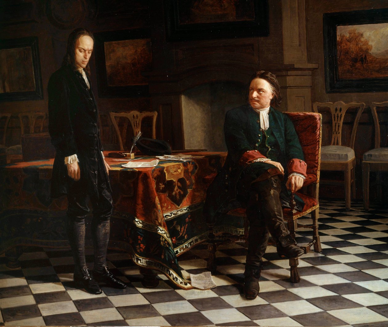Portræt af Peter I den Store (1672-1725), russisk zar og hans søn Alexis (1690-1718) Maleri af den russiske skole af School Russian