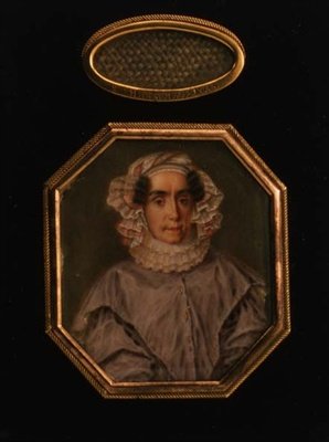 Portræt af Praskovya Mikhailovna Tolstaya (1777-1844), med en gitterlås af hendes hår, ca. 1844 (akvarel og gouache) af School Russian