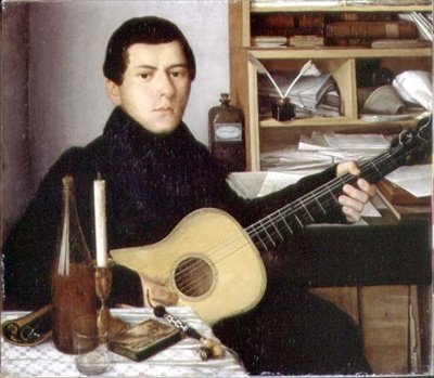 Portræt af en ung mand med en guitar, ca. 1830 (olie på lærred) af School Russian