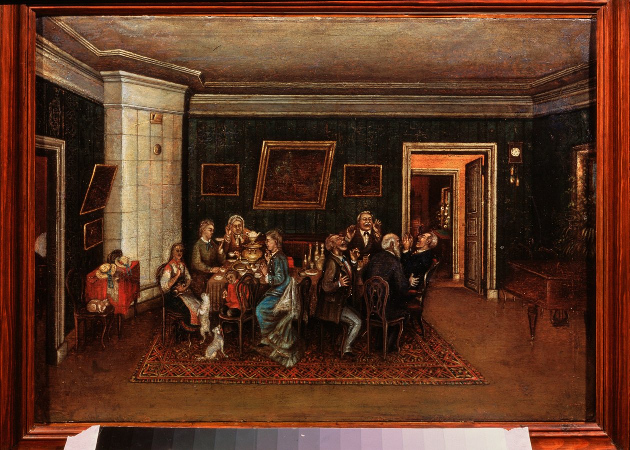 Aftenreception. (Scene i dagligdagen, familie og venner er samlet omkring middagsbordet). Maleri af en russisk mester, olie på lærred, midten af ​​1800-tallet. Statens centrale litterære museum, Moskva. af School Russian
