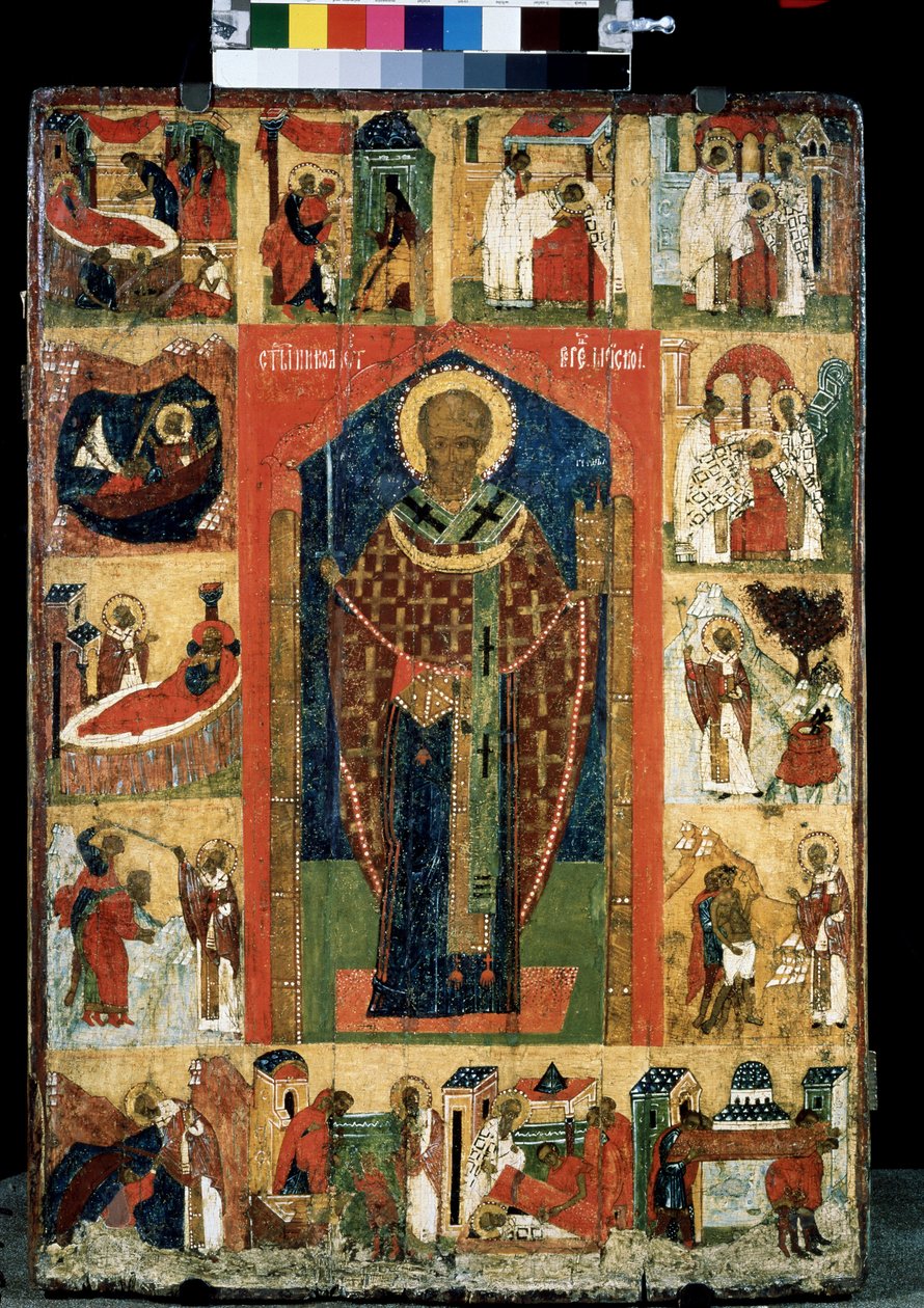 Altertavle af Sankt Nicolas af Myre eller Bari (270-345) liv. Russisk ikon. Maleri på træ fra slutningen af ​​1400-tallet. Statens Tretyakov-galleri, Moskva af School Russian